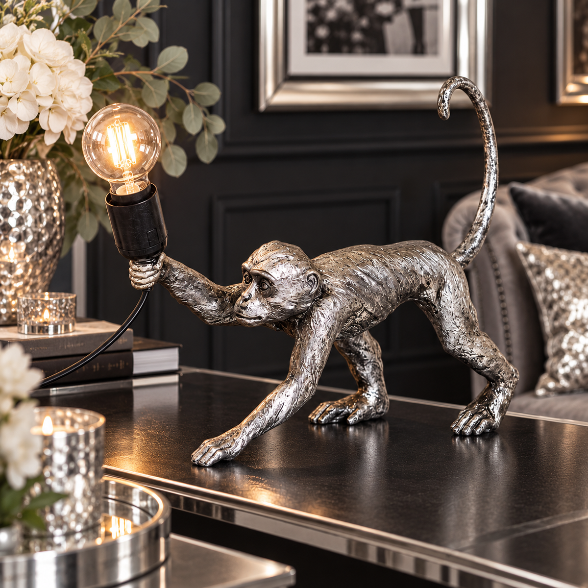 Antique Silver Monkey Table Lamp | Luxury Statement Lighting