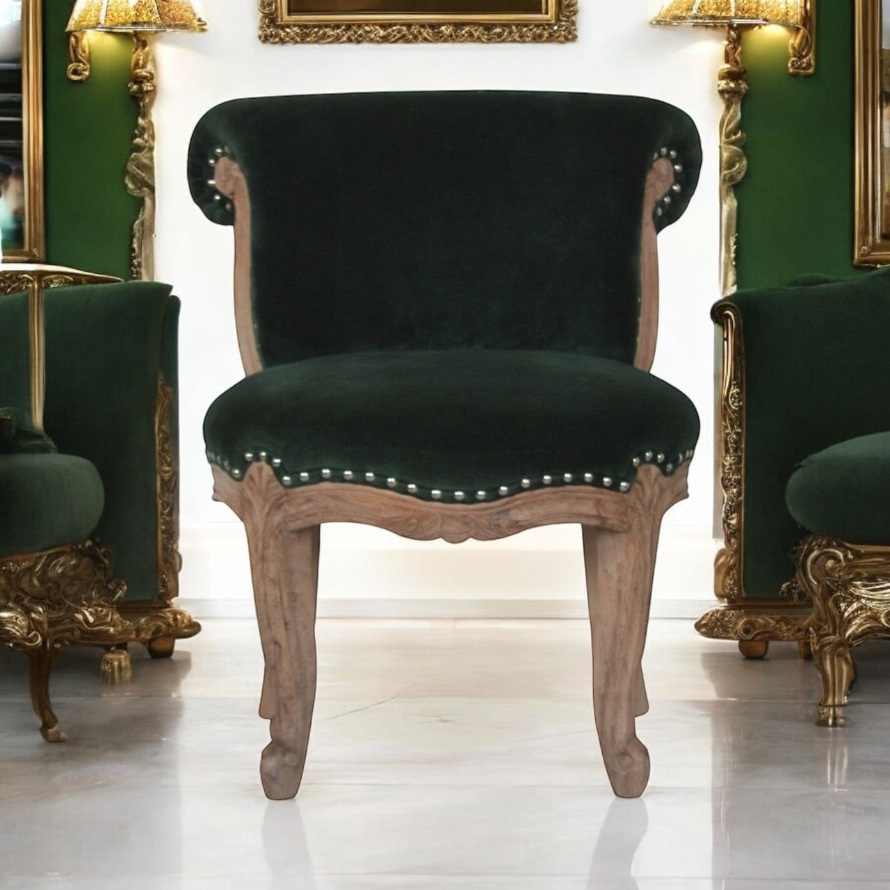 Green velvet studded chair