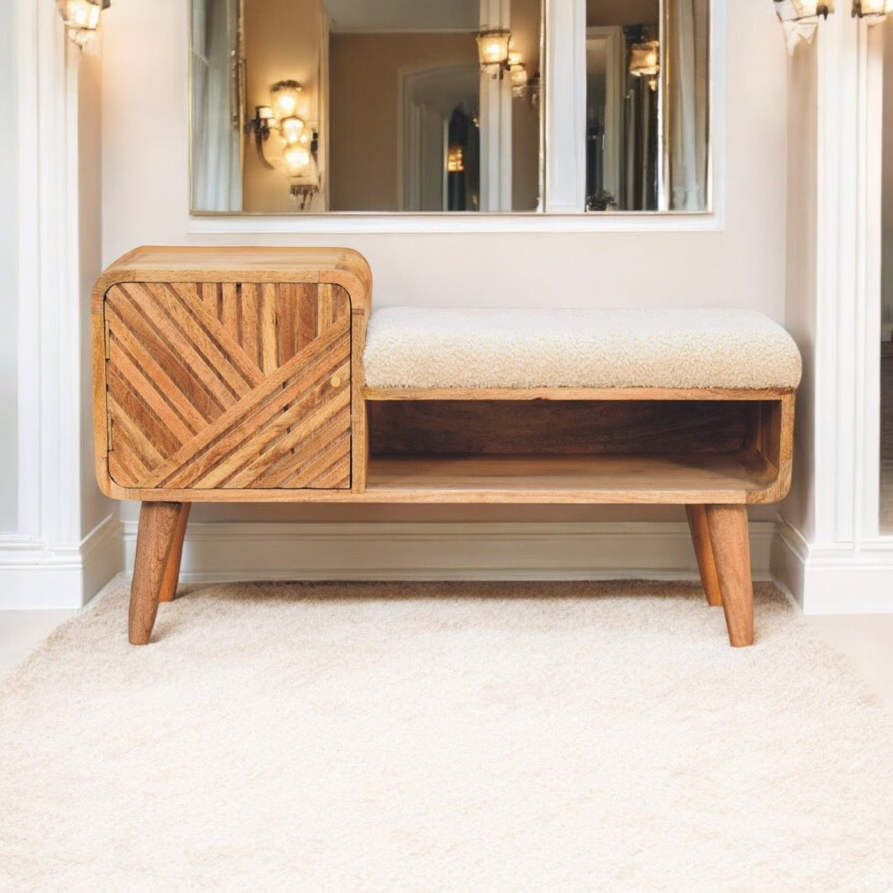 Boucle cream bench seating.