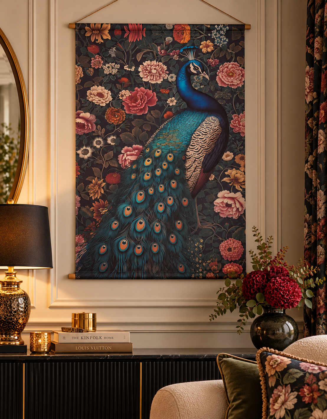 Luxury Peacock & Floral Hanging Canvas Wall Art.