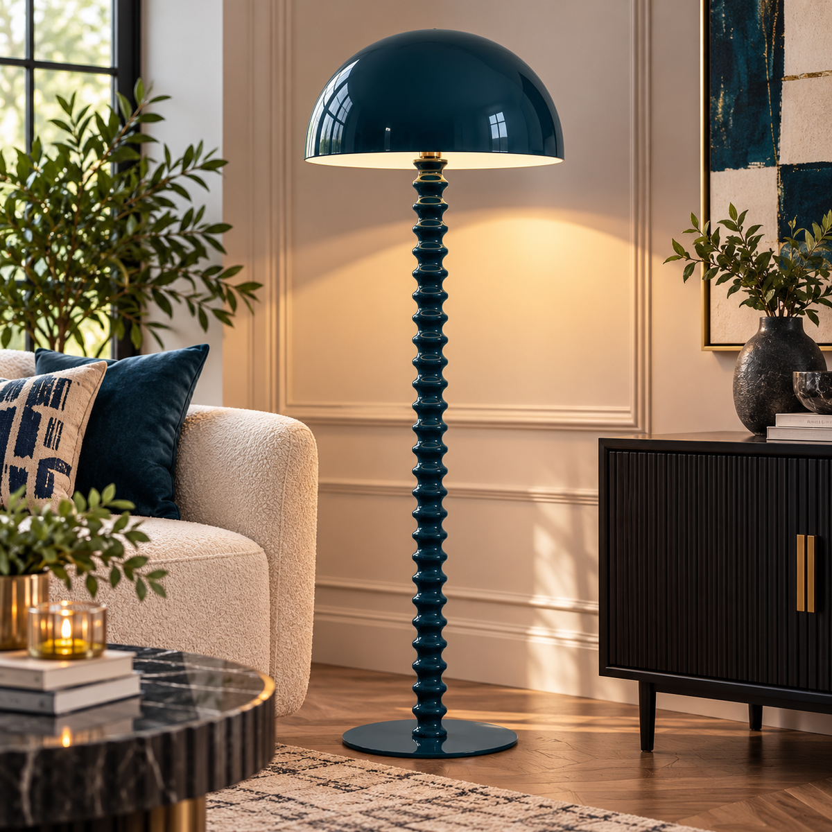 Deep Teal Blue Mushroom Floor Lamp – Modern Sculptural Statement Lighting
