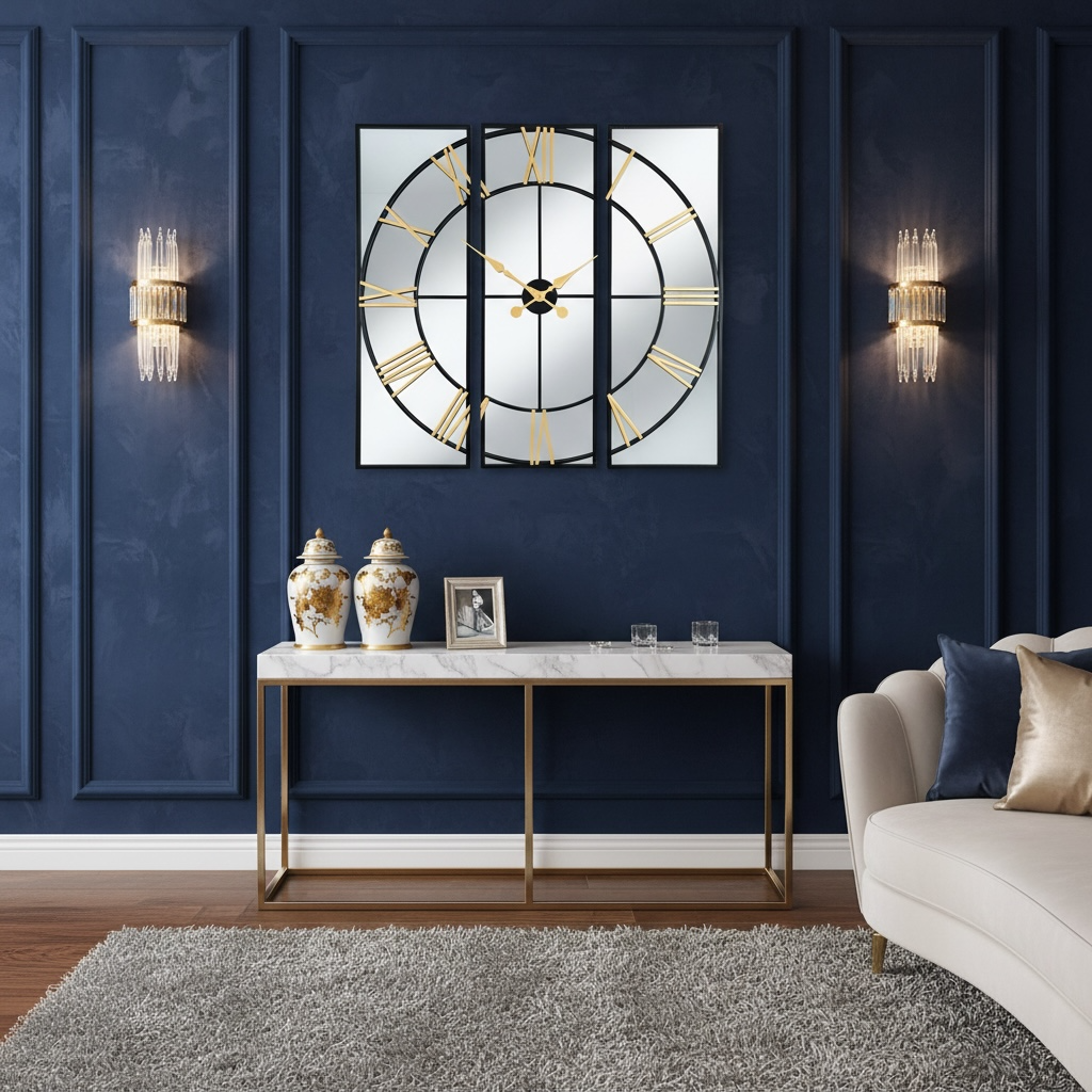 Living room with a large wall clock, console table, and sofa against a dark blue wall.
