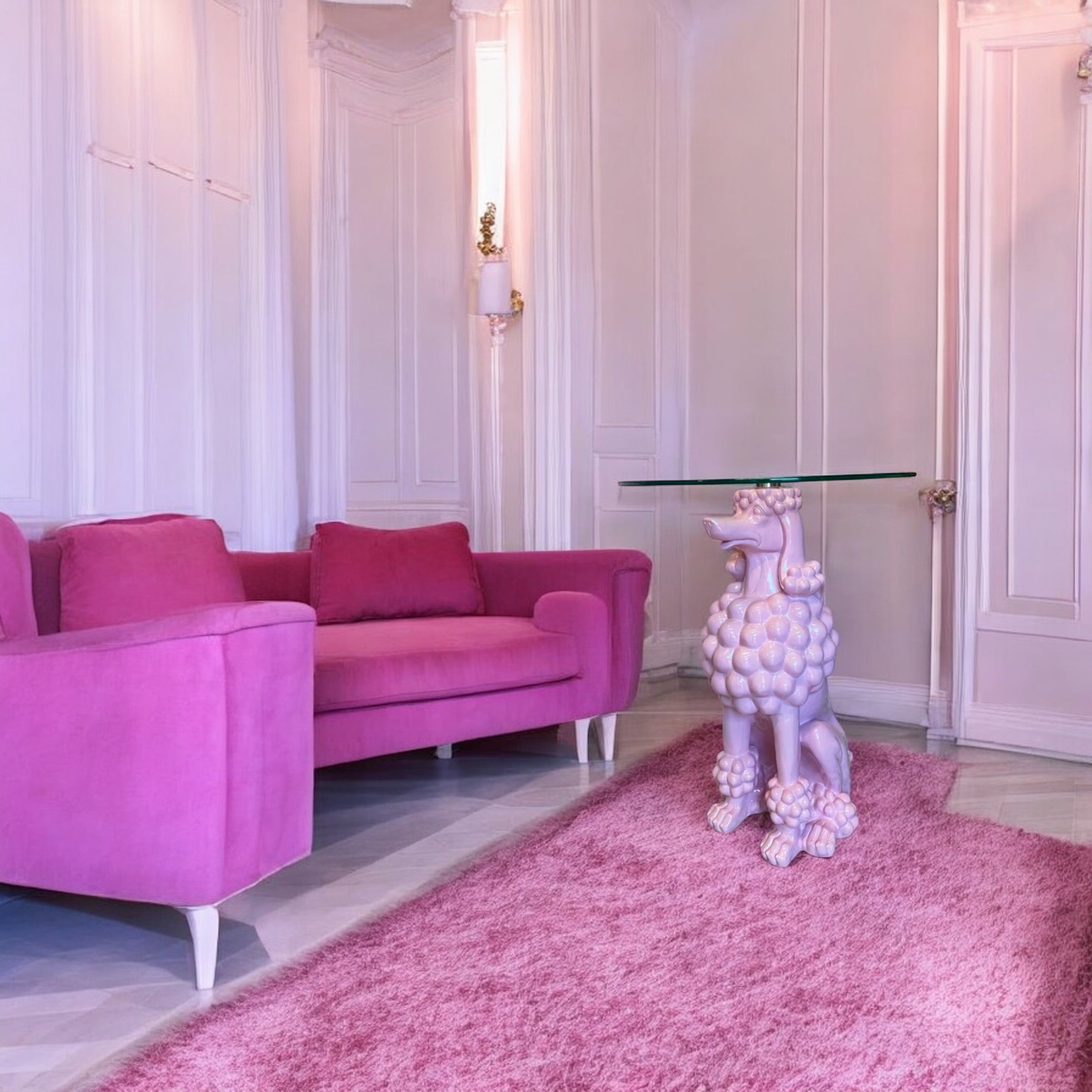 Pink Poodle Glass Side Table | Statement Accent Table