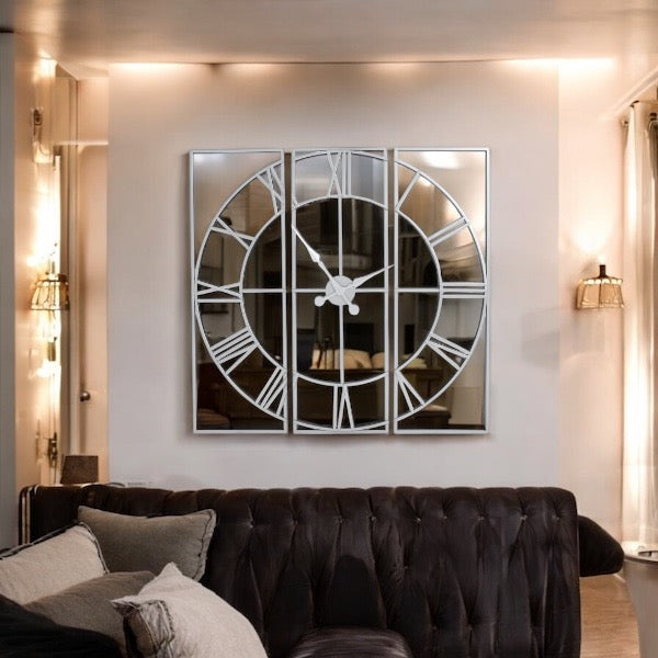 Large Panelled Silver Mirror Wall clock
