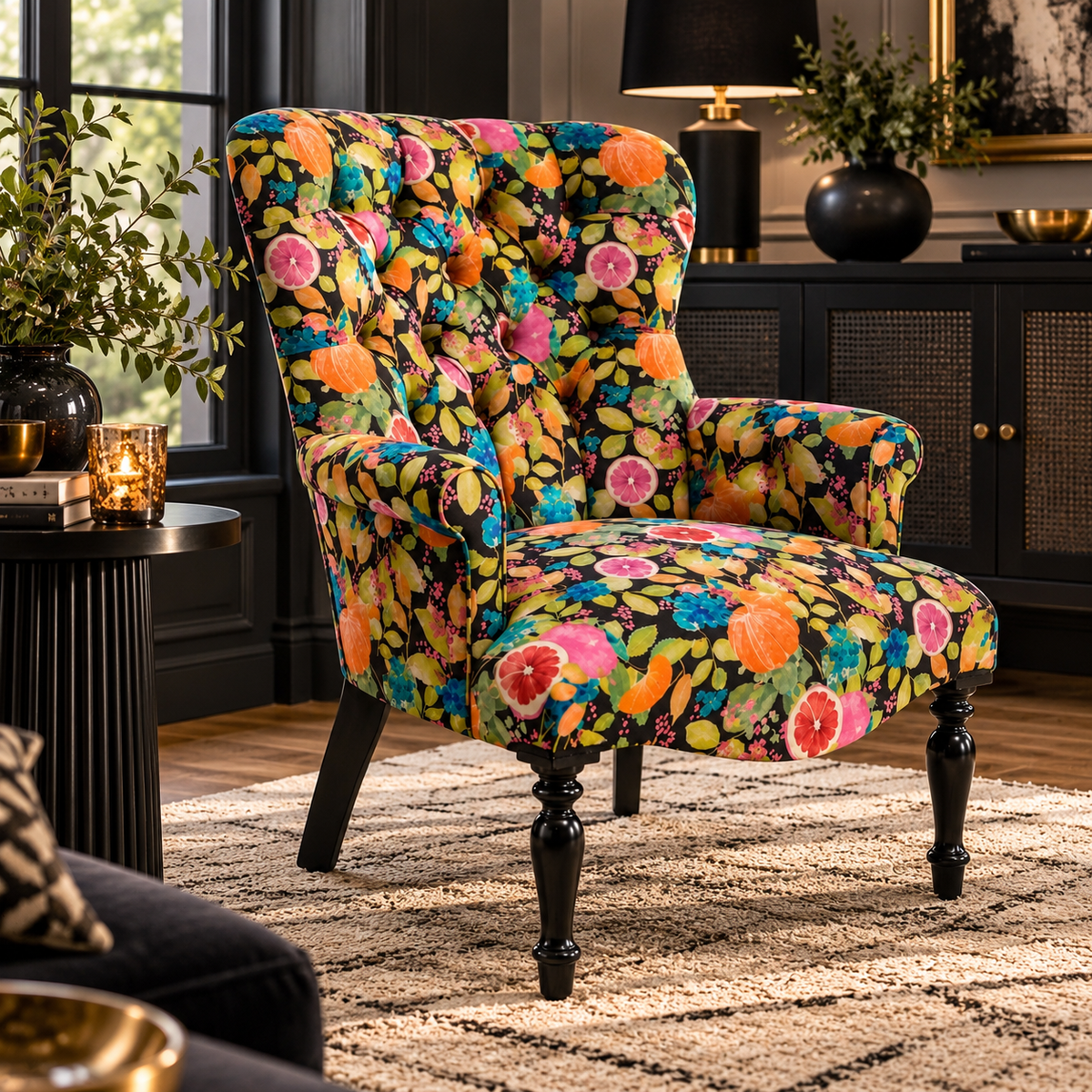 Citrus Fruit Button Back Occasional Armchair – Luxury Floral Accent Chair