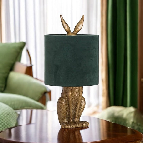 Golden hare table lamp - Green shade.