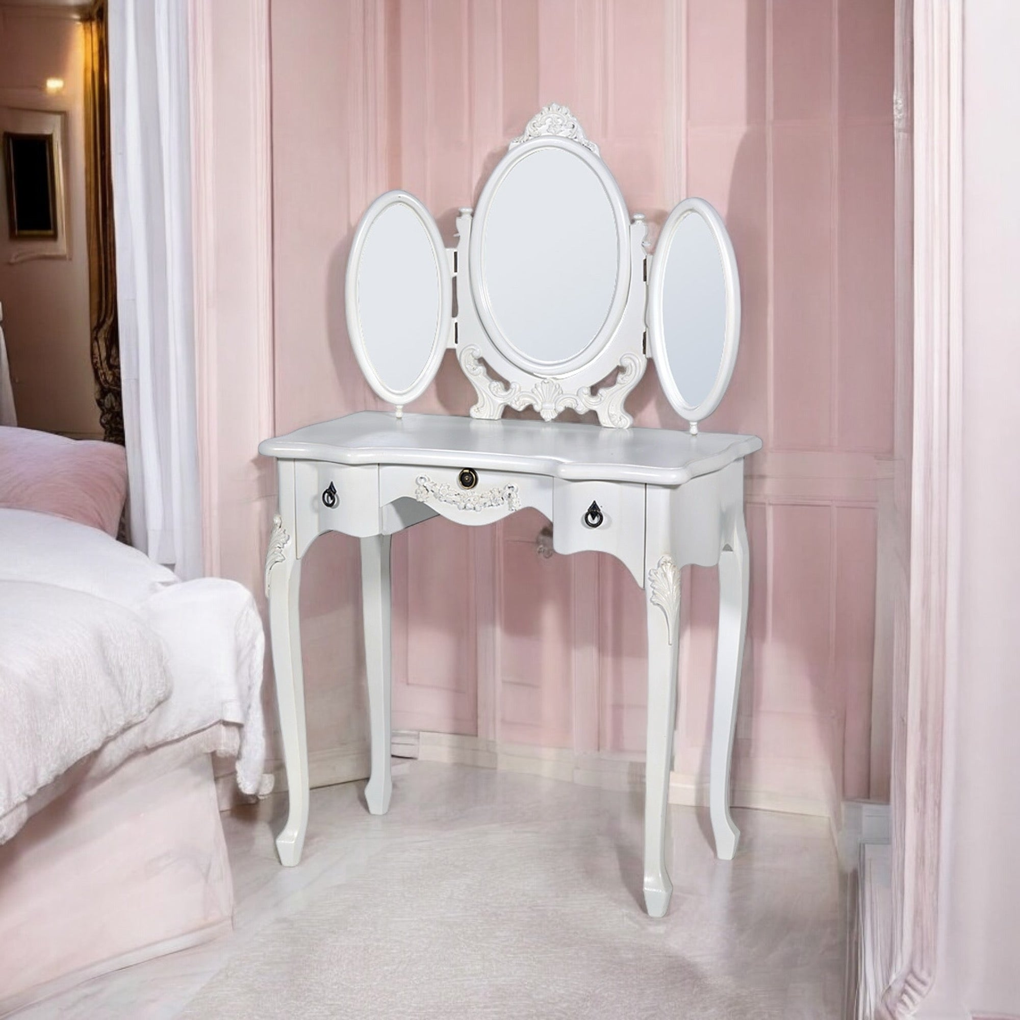 Boudoir Provence Dressing Table with Triple Mirror - Antique White
