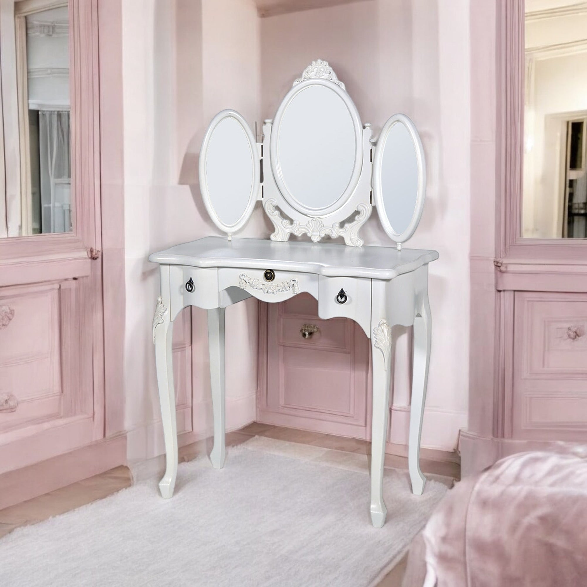 Boudoir Provence Dressing Table with Triple Mirror - Antique White
