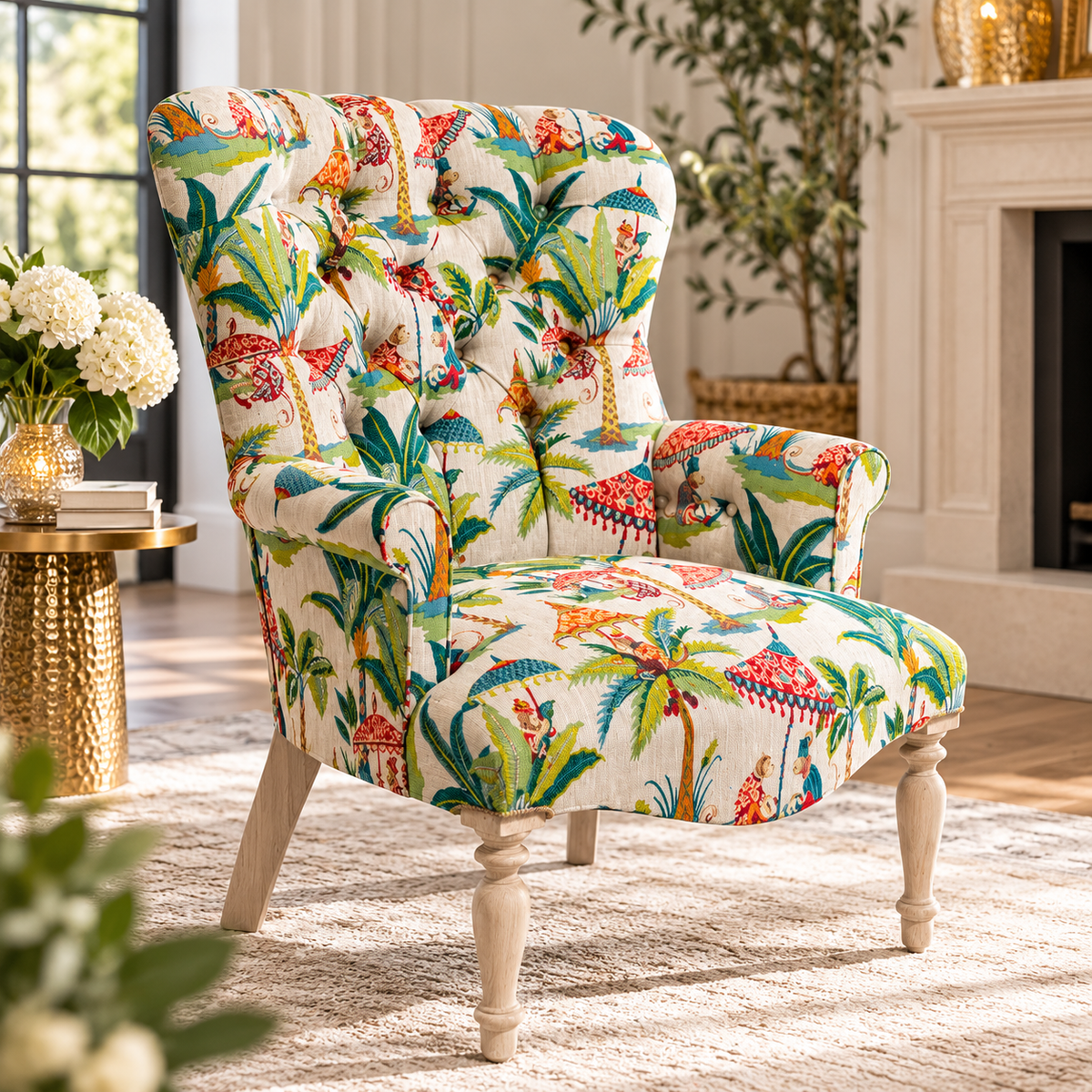 Tropical Print Accent Armchair – Colourful Tufted Statement Chair