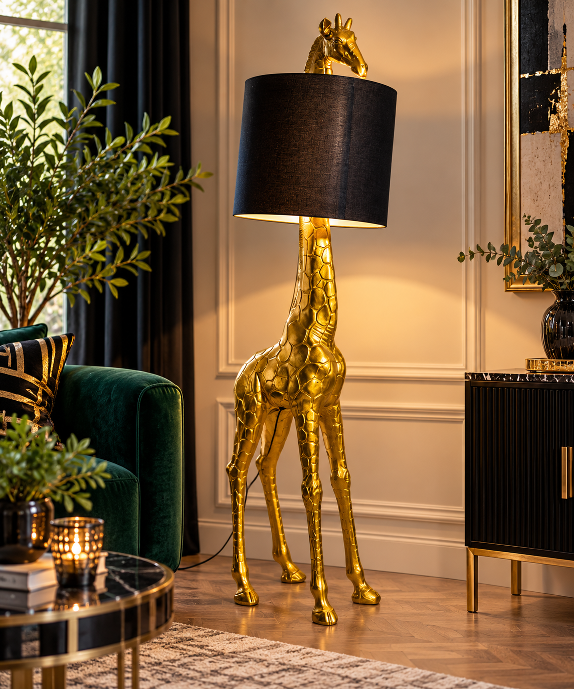 Luxury Gold Giraffe Floor Lamp with Black Shade – Statement Lighting