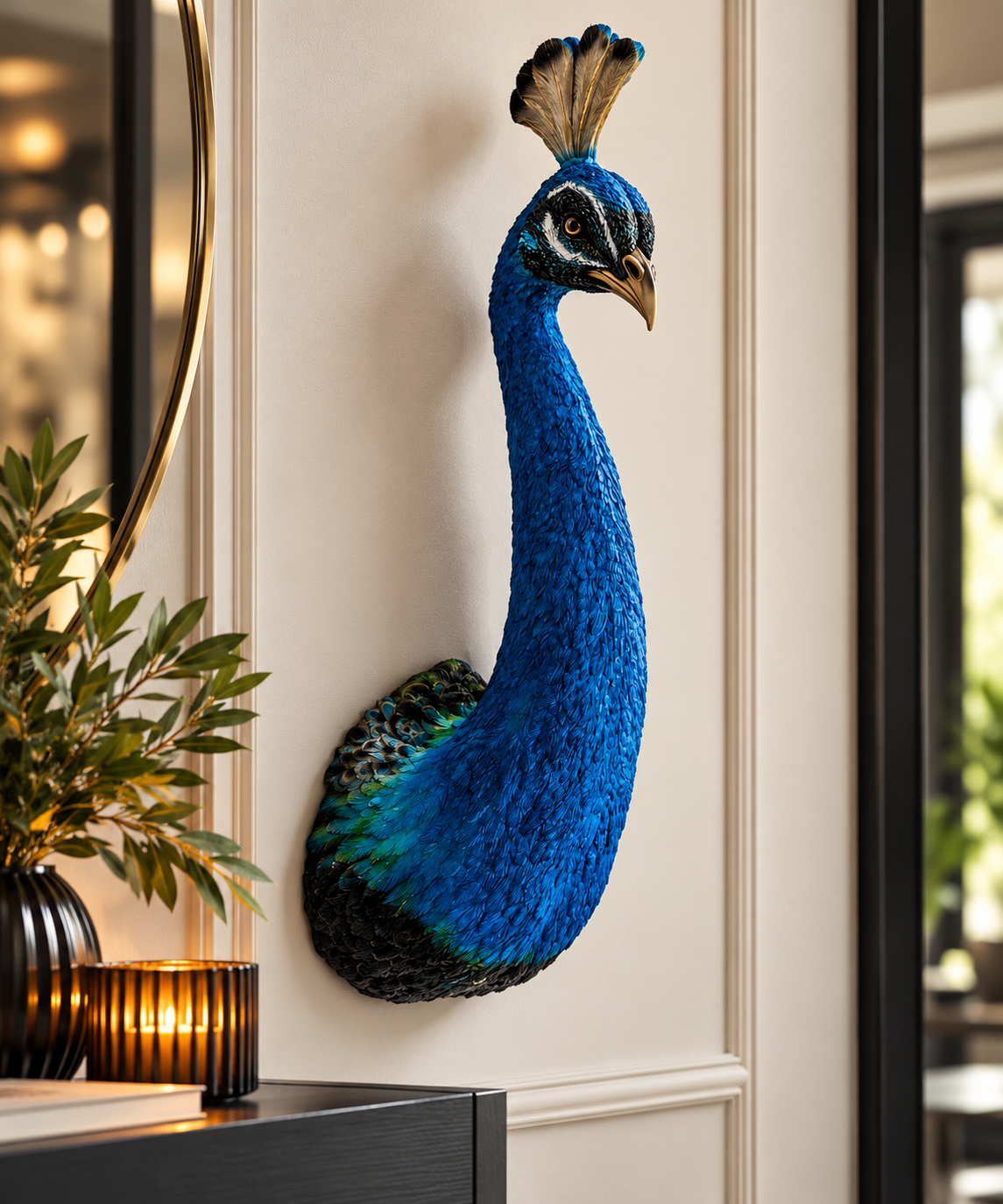 Luxury Blue Peacock Head Wall Sculpture – Statement Animal Wall Decor