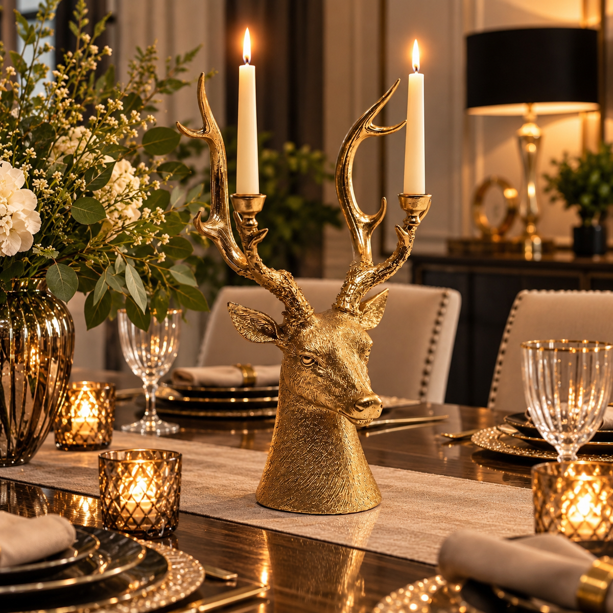 Luxury Gold Stag Head Candle Holder