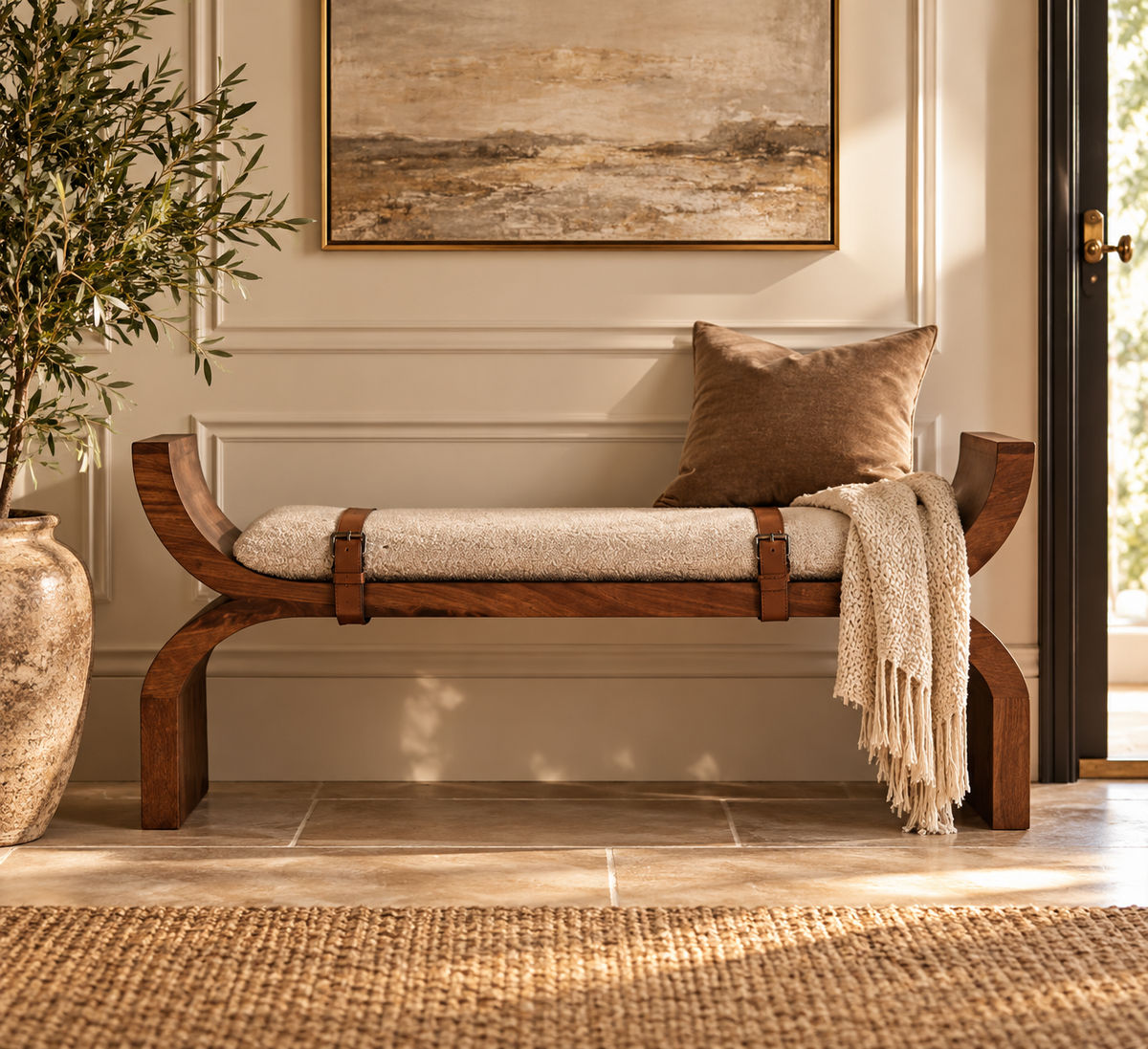 Luxury Solid Mango Wood Curved Bench with Bouclé Seat – Amber Oak Finish