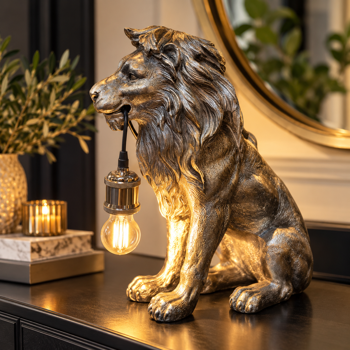 Silver Sitting Lion Table Lamp – Luxury Sculptural Statement Lighting