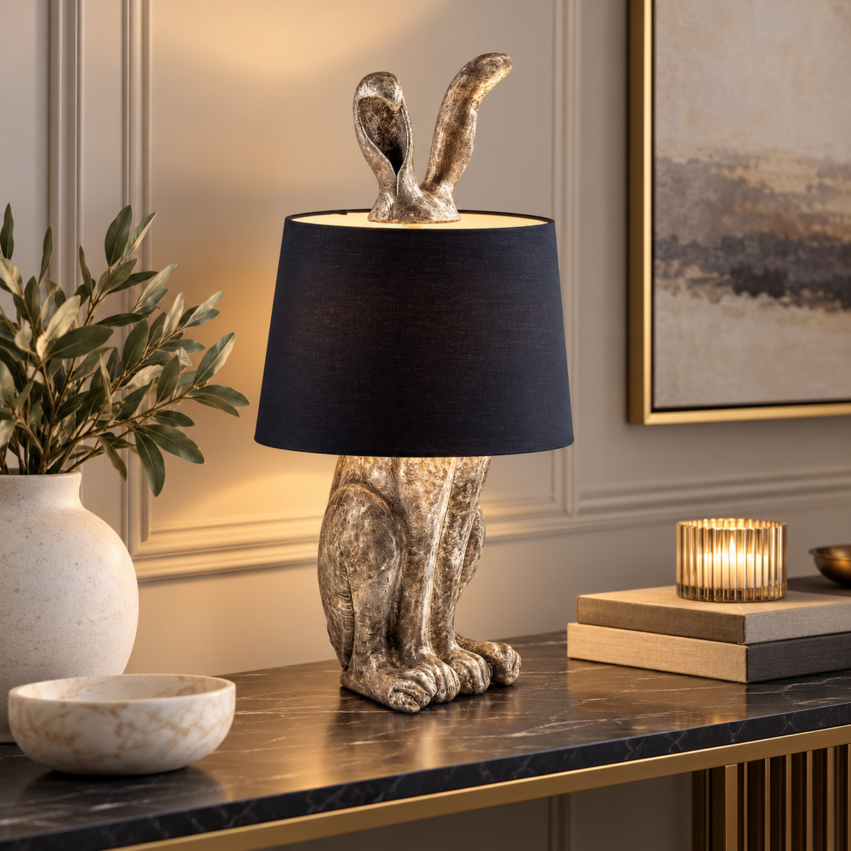 Silver Rabbit Ears Table Lamp with Black Shade – Statement Lighting