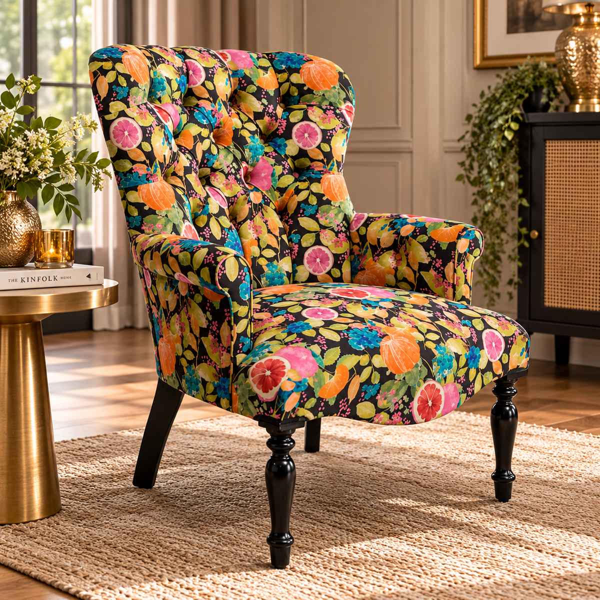 Citrus Fruit Button Back Occasional Armchair – Luxury Floral Accent Chair
