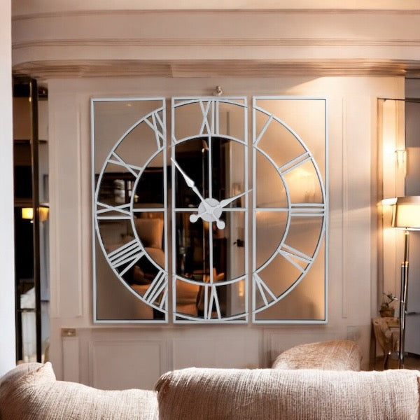 Large Panelled Silver Mirror Wall clock