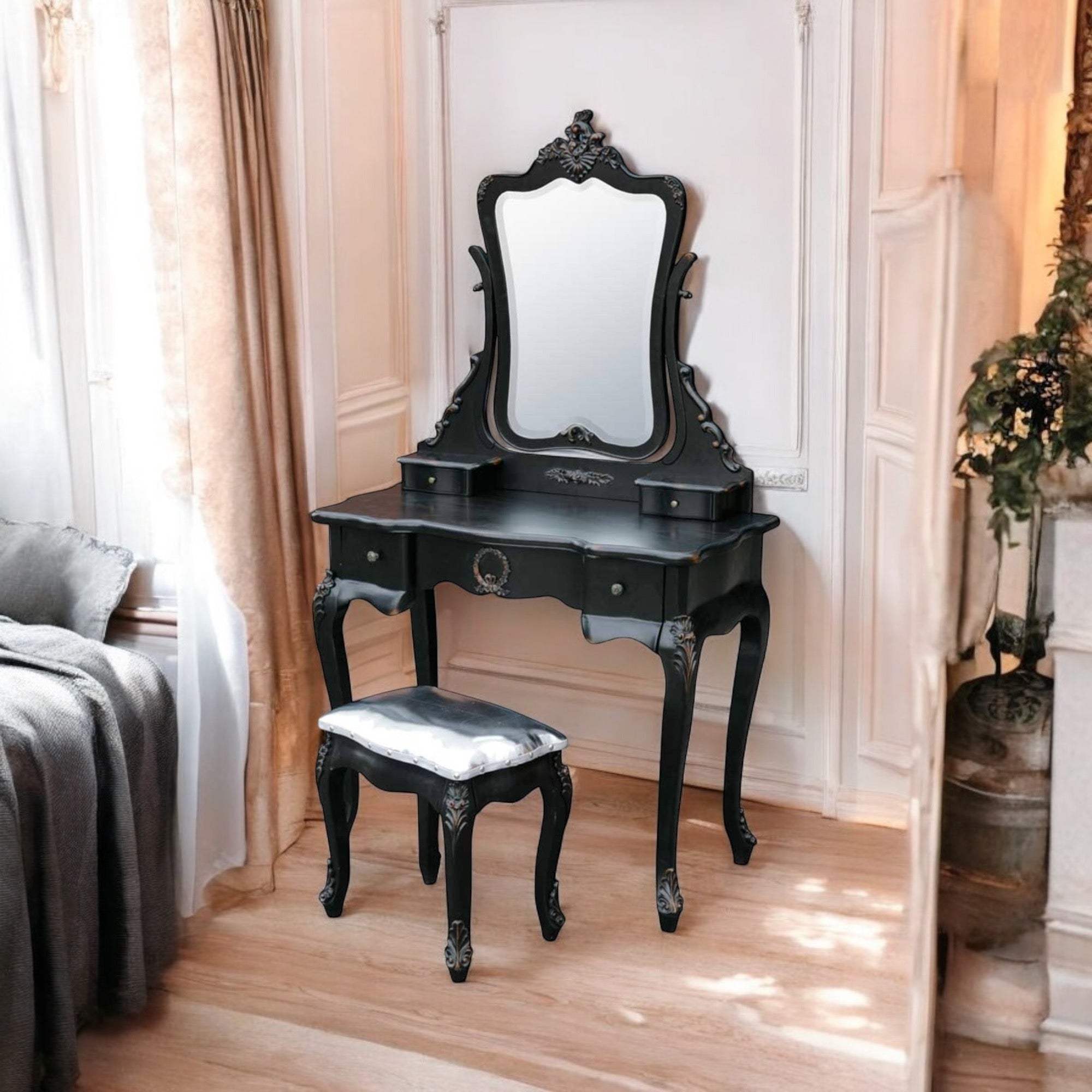 Boudoir Provence Dressing Table with Mirror - Black
