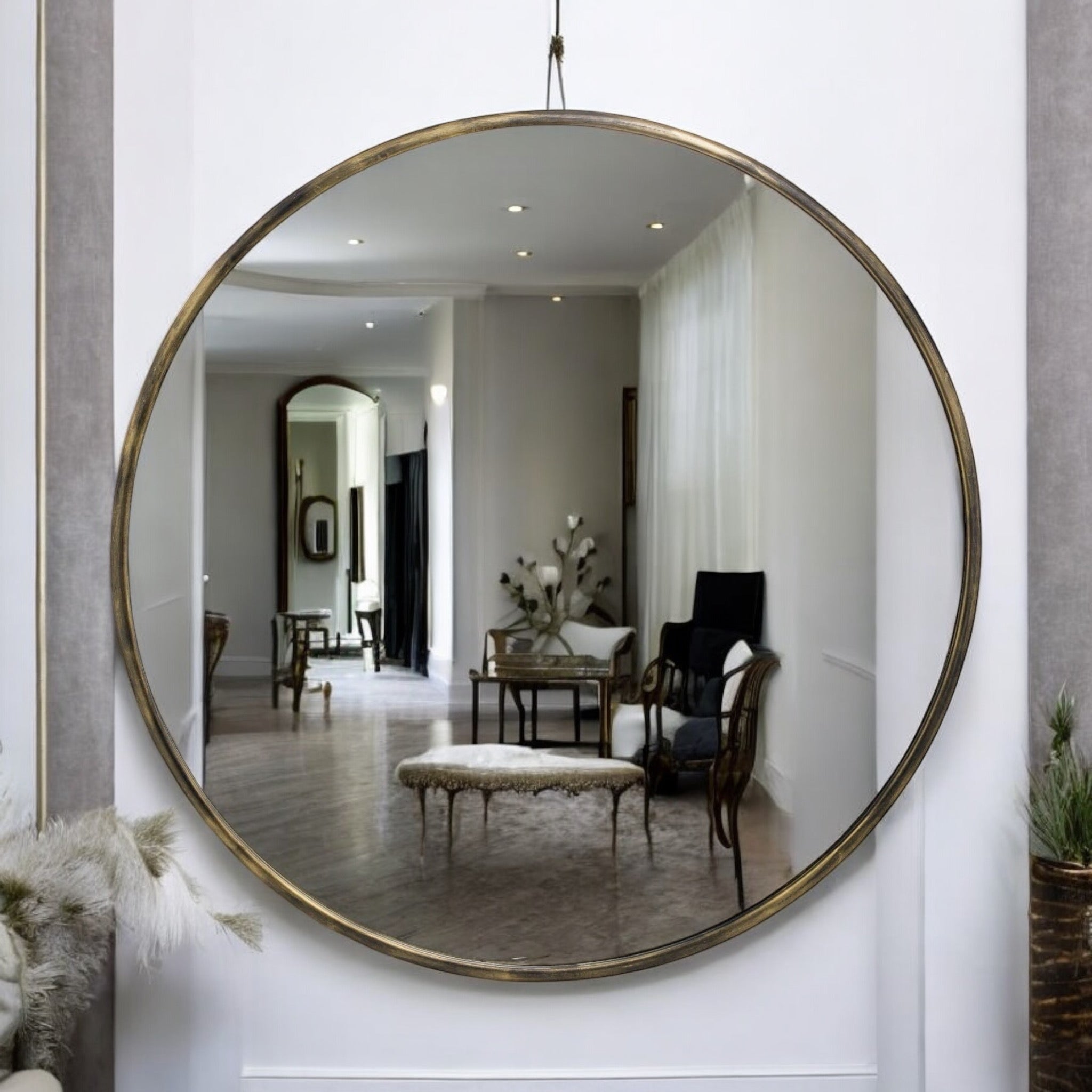 Large Circular Brass Framed Mirror