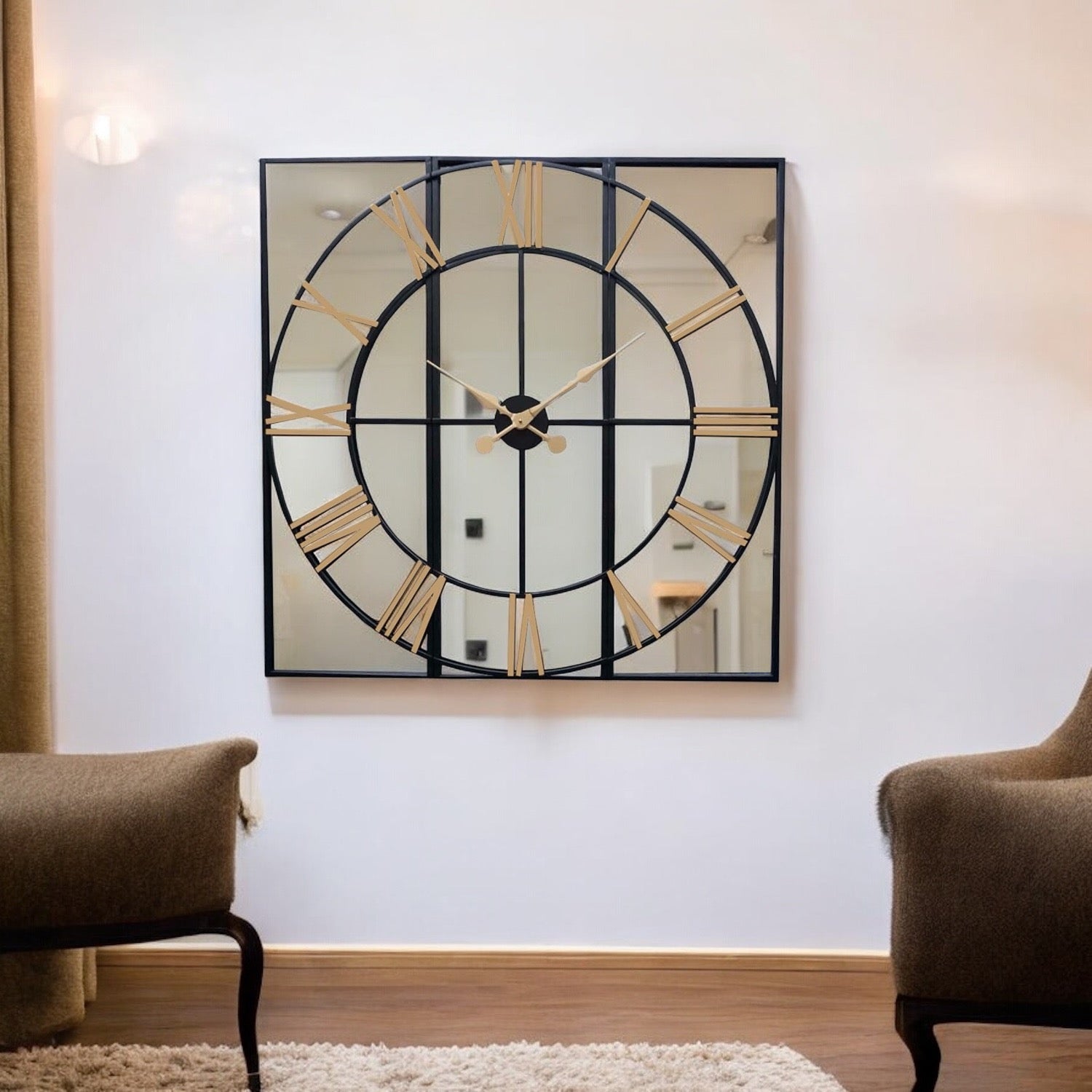 Large Panelled Black and Gold Mirror Wall clock - Pre - Order October delivery**