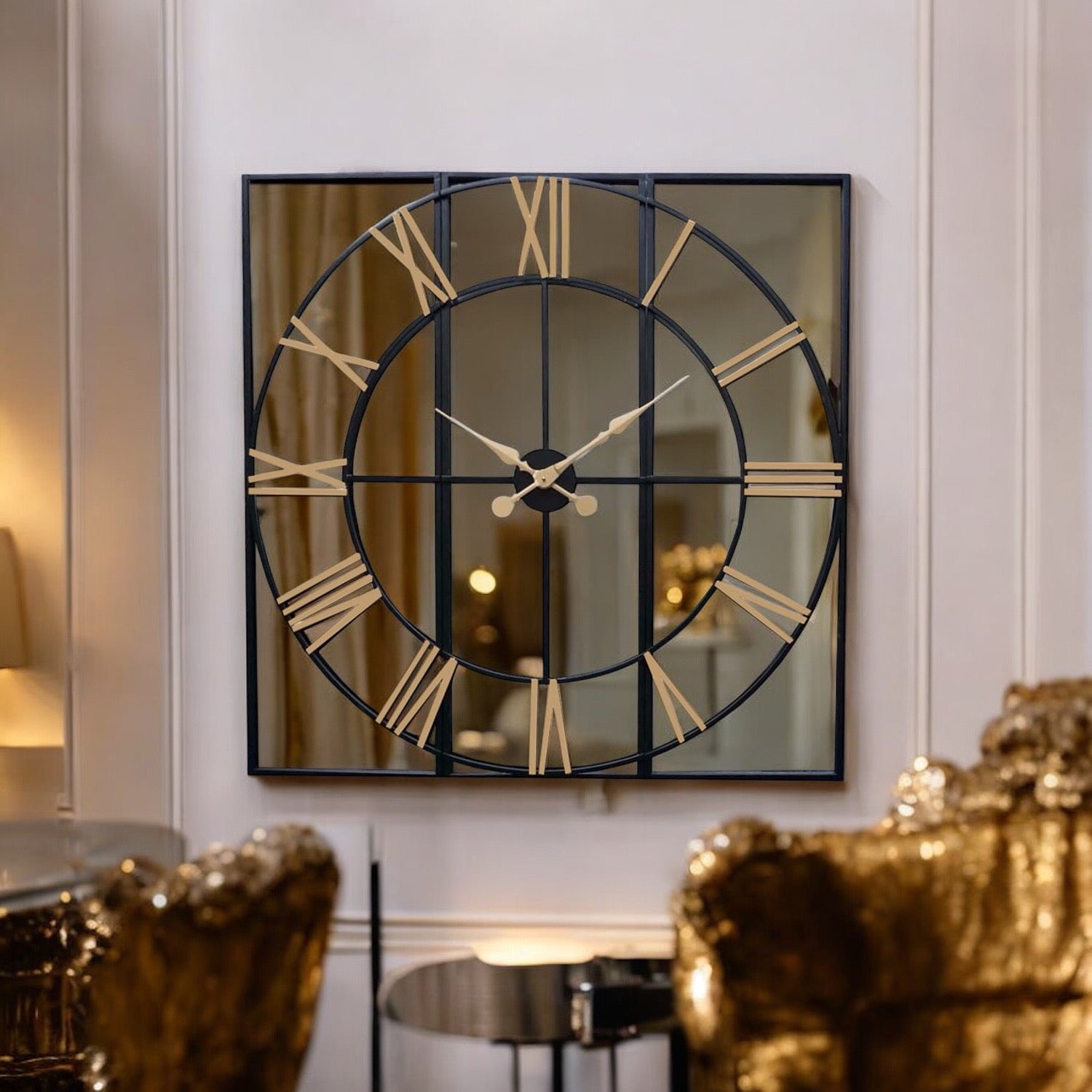 Large Panelled Black and Gold Mirror Wall clock - Back in Jan 25