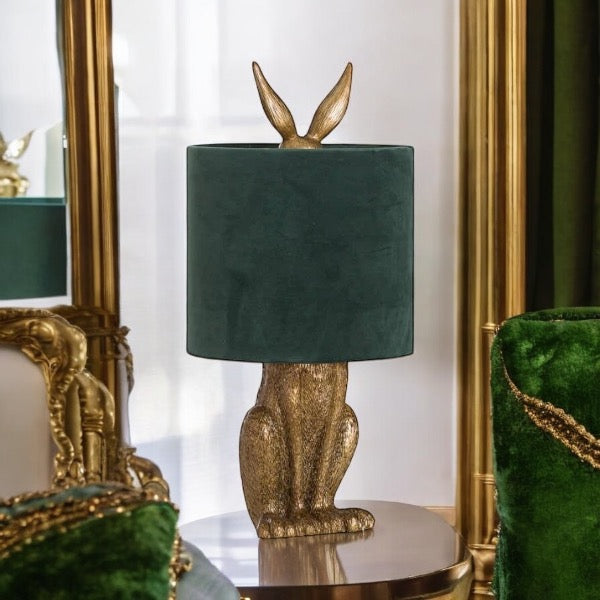 Golden hare table lamp - Green shade.