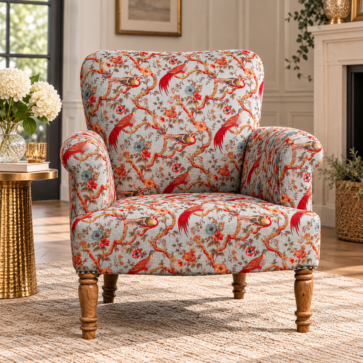 Oriental Floral Birds Occasional Armchair – Luxury Patterned Accent Chair
