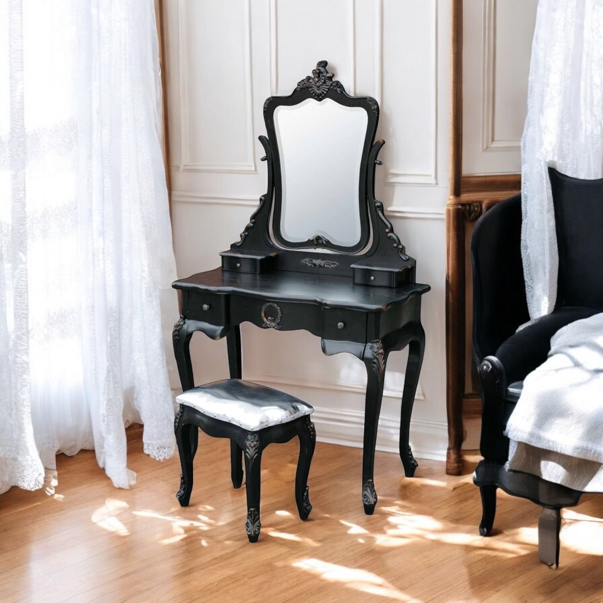 Boudoir Provence Dressing Table with Mirror - Black