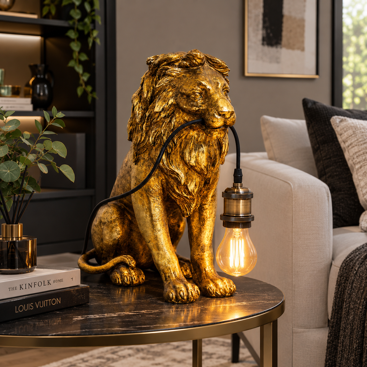 Antique Gold Sitting Lion Table Lamp – Luxury Sculptural Statement Lighting
