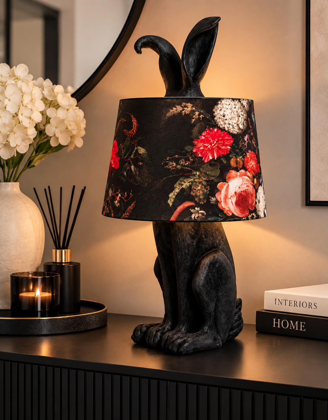 Black Rabbit Table Lamp with Black Boho Shade – Luxury Statement Lighting