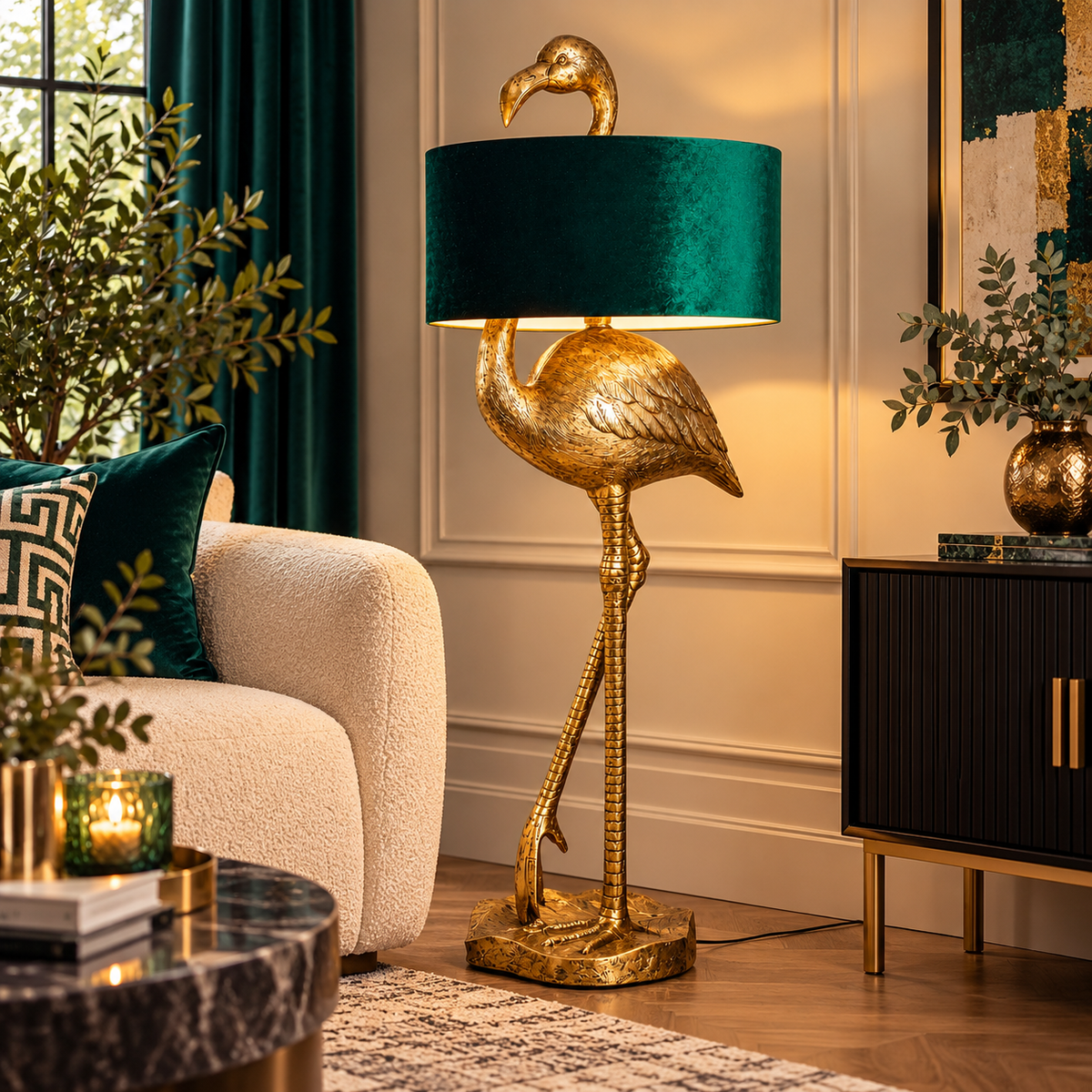 Luxury Gold Flamingo Floor Lamp with Emerald Green Velvet Shade