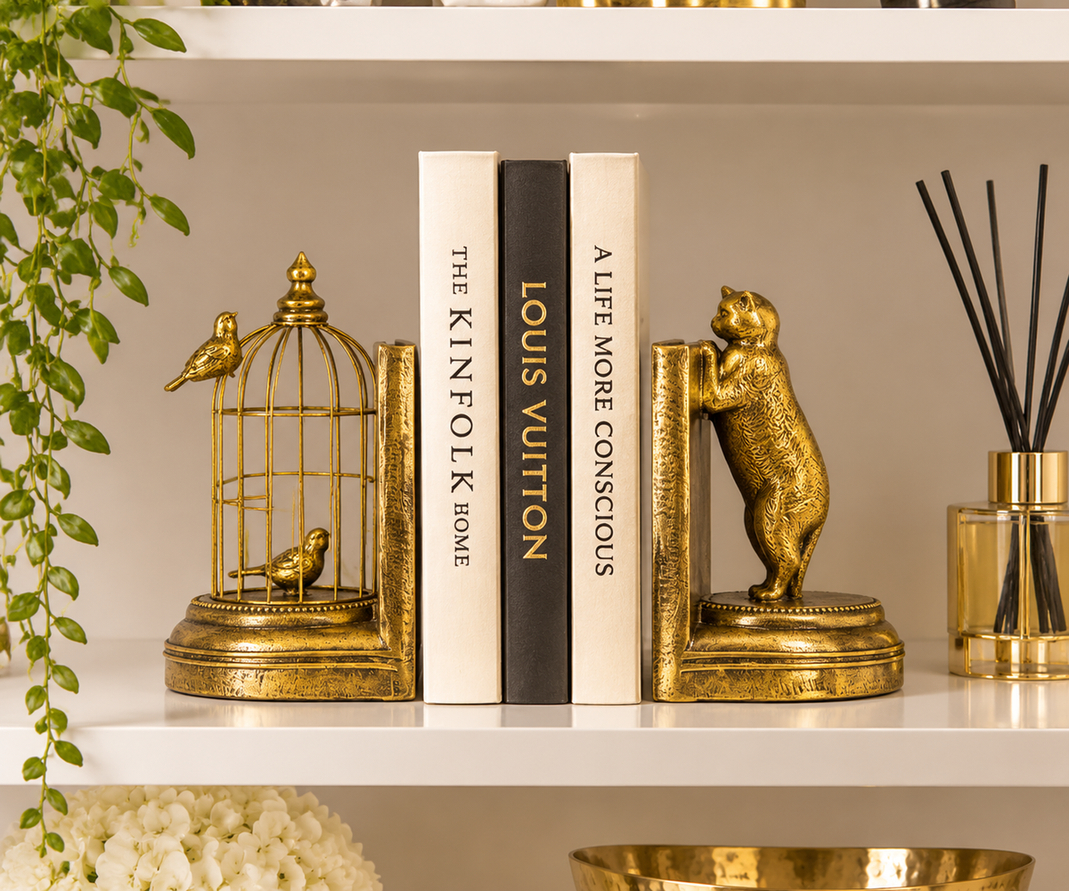 Antique Gold Cat & Birdcage Bookends | Set of 2