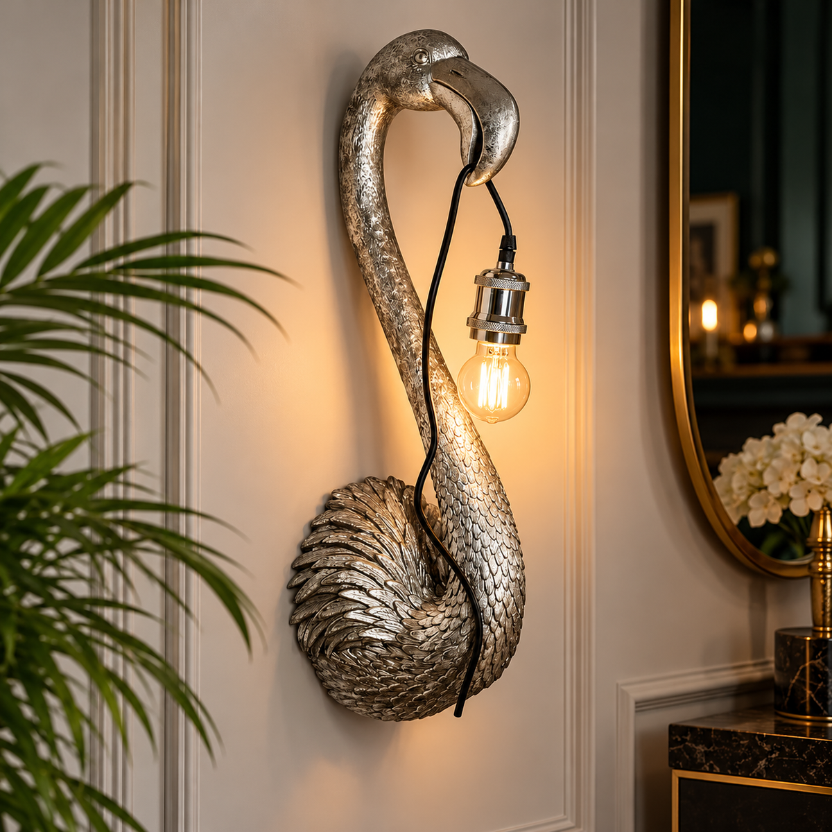 Antique Silver Flamingo Wall Light – Luxury Statement Wall Lighting