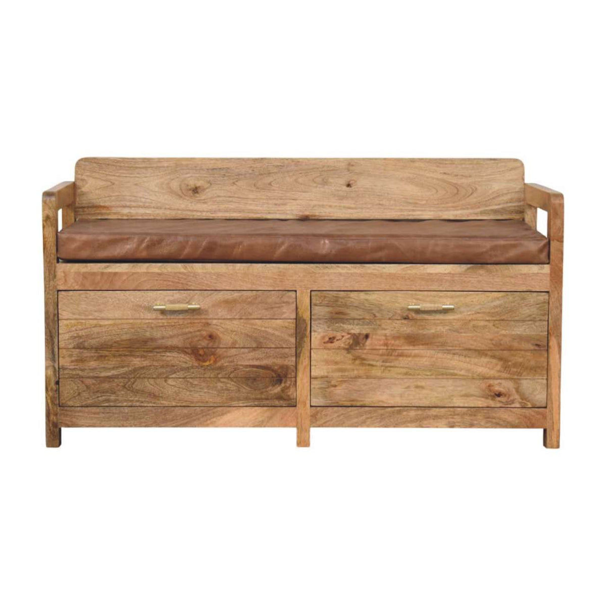 Solid Mango Wood Storage Bench with Brown Leather Seat & Drawers