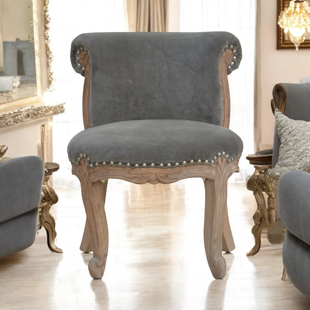 Grey velvet studded chair
