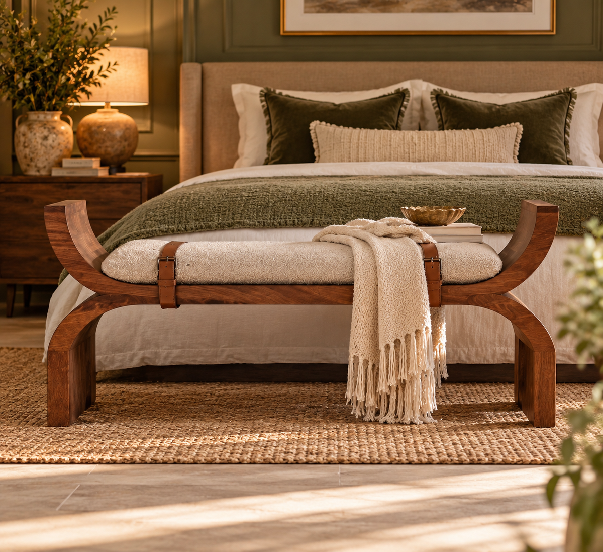 Luxury Solid Mango Wood Curved Bench with Bouclé Seat – Amber Oak Finish