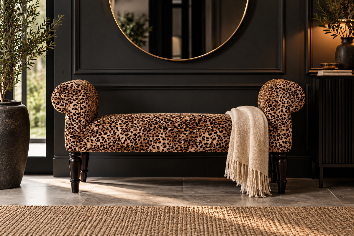 Luxury Leopard Print Velvet Bench – Statement Upholstered Seating