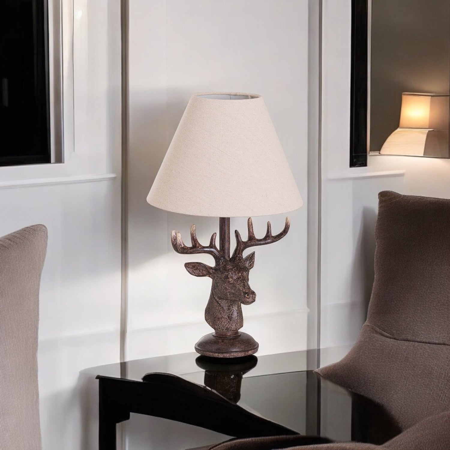Stag head Table Lamp - Linen Shade