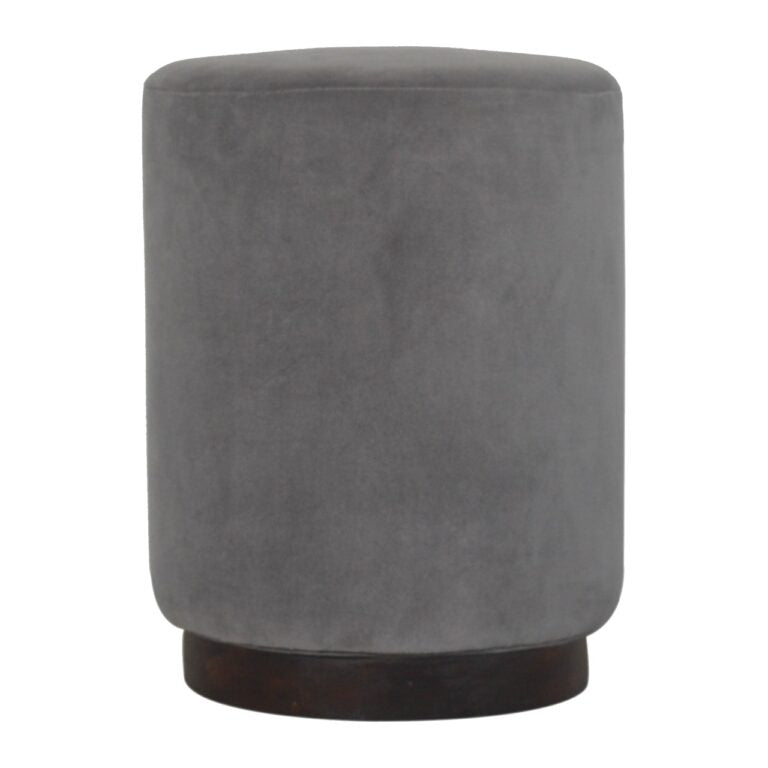 Grey Velvet footstool with Wooden base.