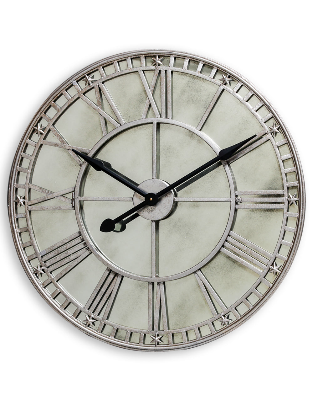 Large silver clock with antique mirror face.