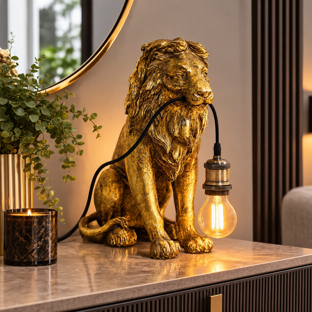Antique Gold Sitting Lion Table Lamp – Luxury Sculptural Statement Lighting