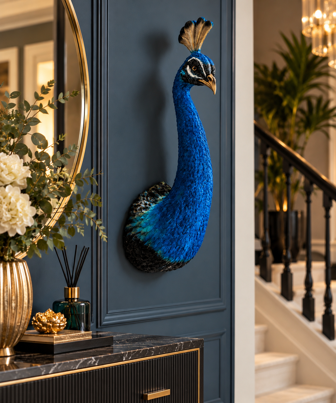 Luxury Blue Peacock Head Wall Sculpture – Statement Animal Wall Decor