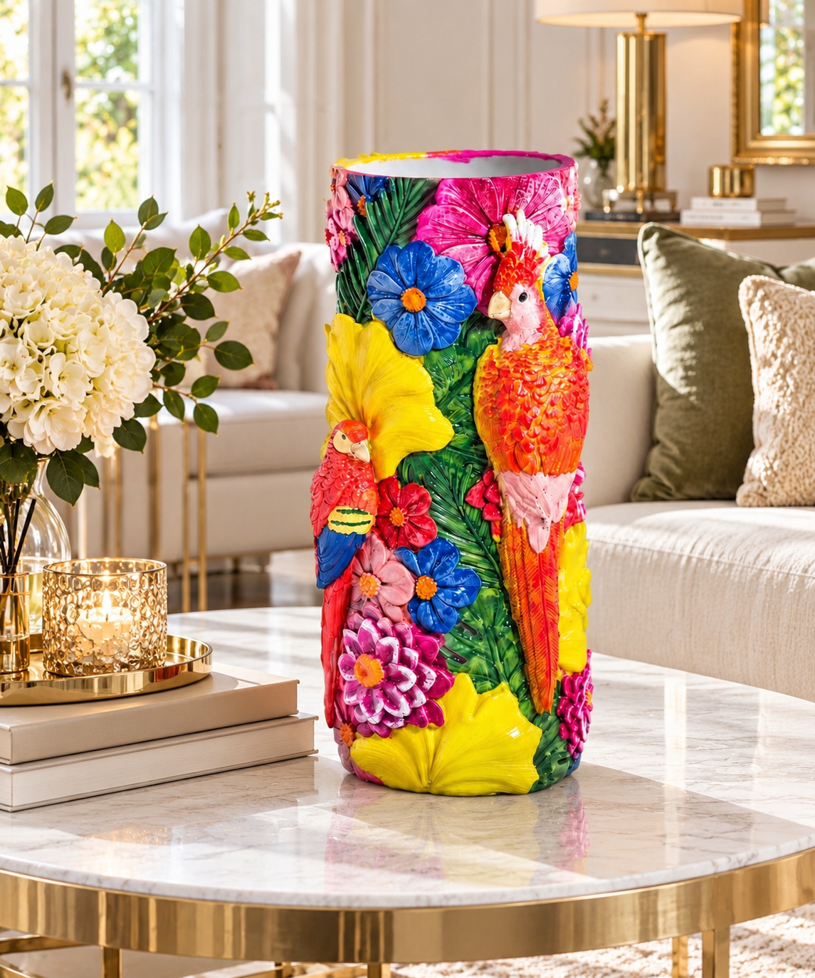 Tropical Paradise Parrot Vase – Colourful Floral Statement Vase