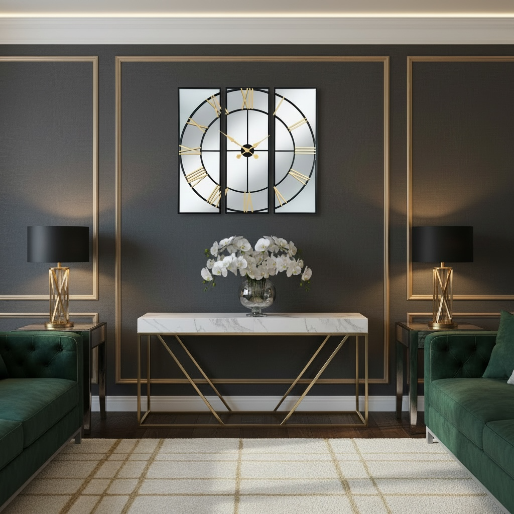 Large Panelled Black and Gold Mirror Wall clock