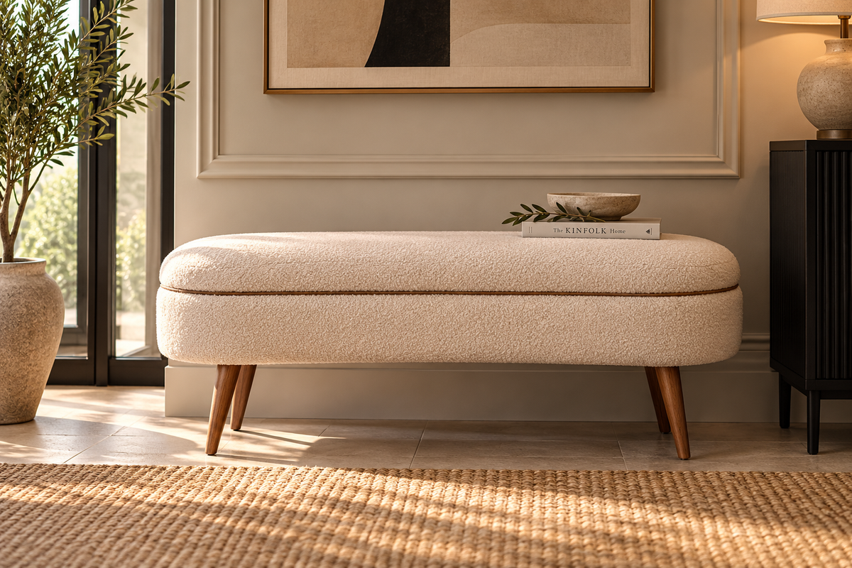 Luxury Cream Bouclé Upholstered Bench – Modern Bedroom & Hallway Seating