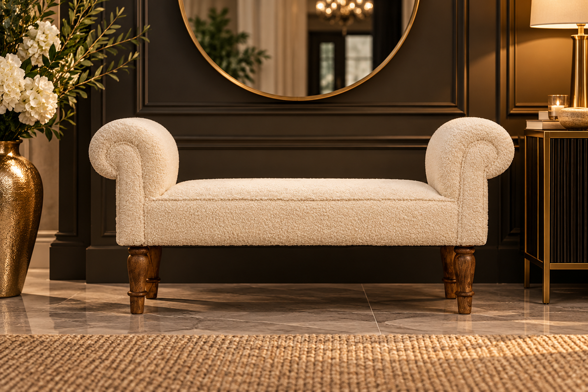 Luxury Cream Bouclé Upholstered Bench with Solid Wood Legs