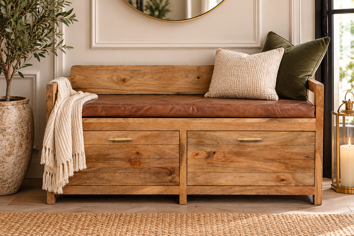 Solid Mango Wood Storage Bench with Brown Leather Seat & Drawers