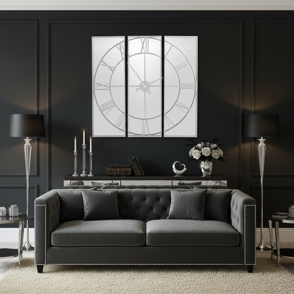 Large Panelled Silver Mirror Wall clock