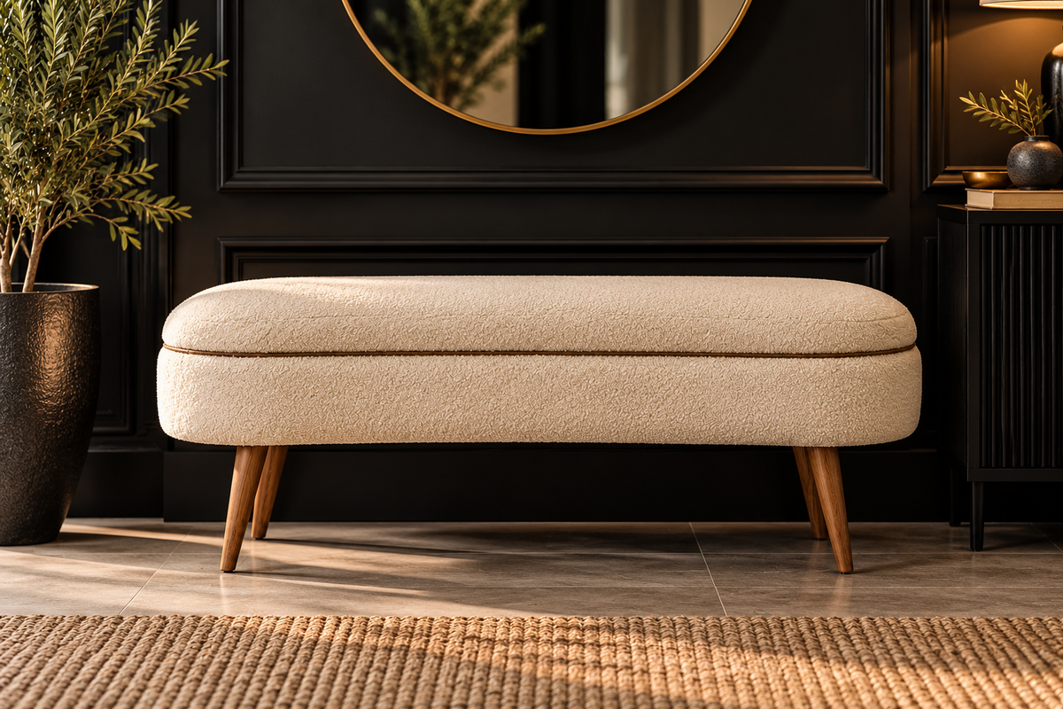 Luxury Cream Bouclé Upholstered Bench – Modern Bedroom & Hallway Seating