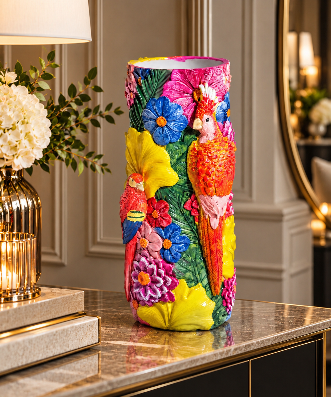 Tropical Paradise Parrot Vase – Colourful Floral Statement Vase
